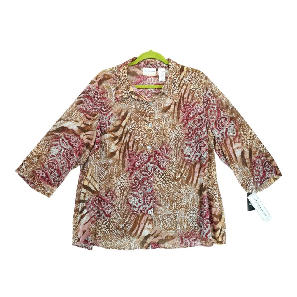 NWT Alfred Dunner Women’s 2-Fer Blouse 16W Paisley Brown Button Down 3/4 Sleeve‎